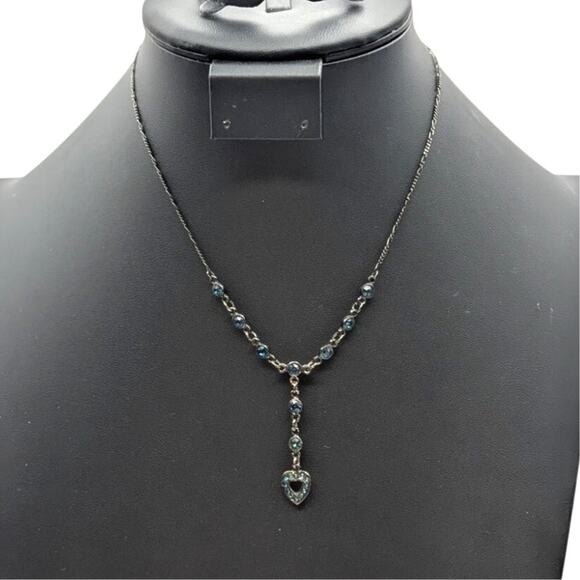 Gun Metal 'Y' Drop Blue Austrian Crystal U.S.A. Heart Chain 16" Necklace - Picture 1 of 7